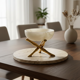 Handcrafted Marble Bowl on Brass Bamboo Stand, Gold Metal Base, Handcrafted Stone Fruit Dish, Elegant Table Centerpiece, Chinoiserie Decor